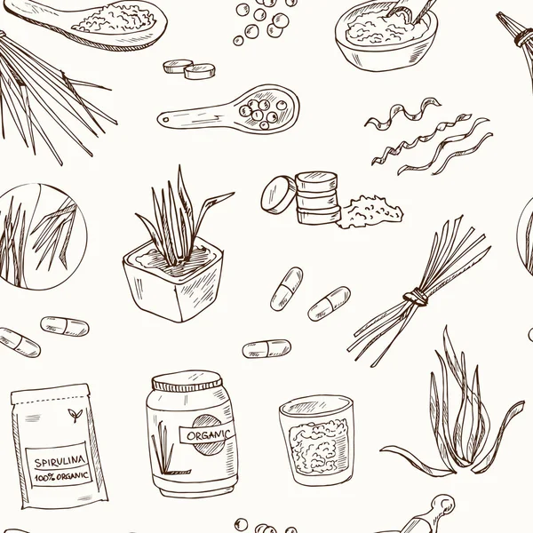 Spirulina koleksiyonu: spirulina yosun, hap ve spirulina tozu. Superfood el çizilmiş doodle seti. Vektör illüstrasyon. sorunsuz desen — Stok Vektör