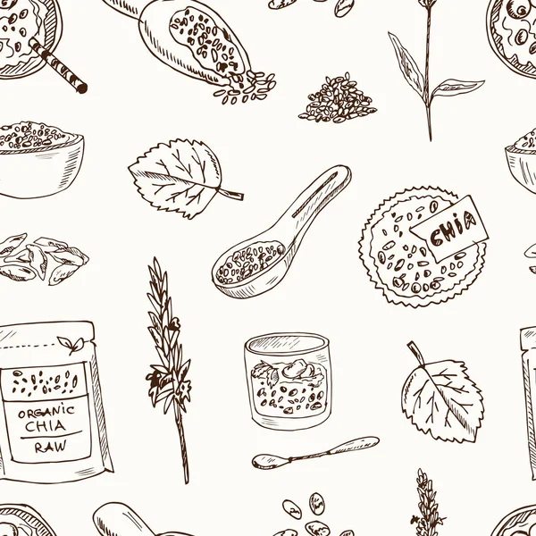 Chia hand drawn doodle set. Vector illustration. seamless pattern — Stock Vector