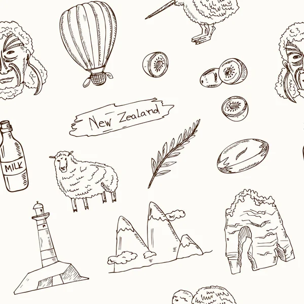 Nouvelle-Zélande dessin à la main motif sans couture doodle. Illustration vectorielle. Eléments isolés. Collection de symboles . — Image vectorielle