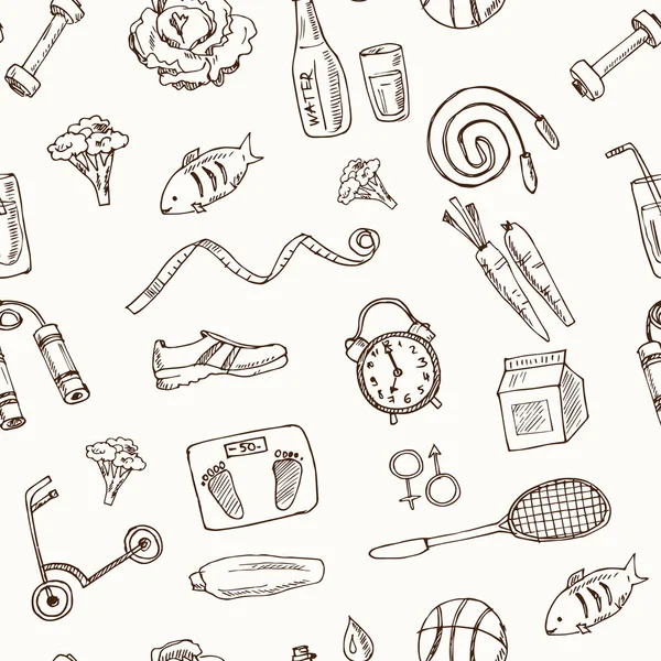 Style de vie sain dessin à la main motif sans couture doodle. Illustration vectorielle. Eléments isolés. Collection de symboles . — Image vectorielle