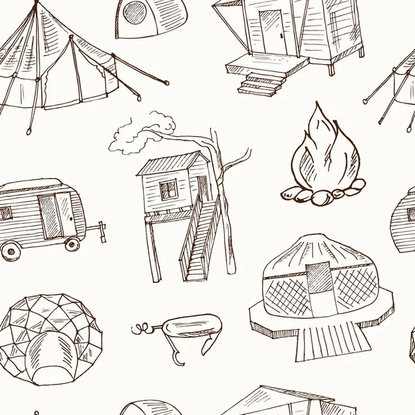 Glamping hand drawn doodle seamless pattern. Vector illustration. Isolated elements. Symbol collection. — Stock Vector