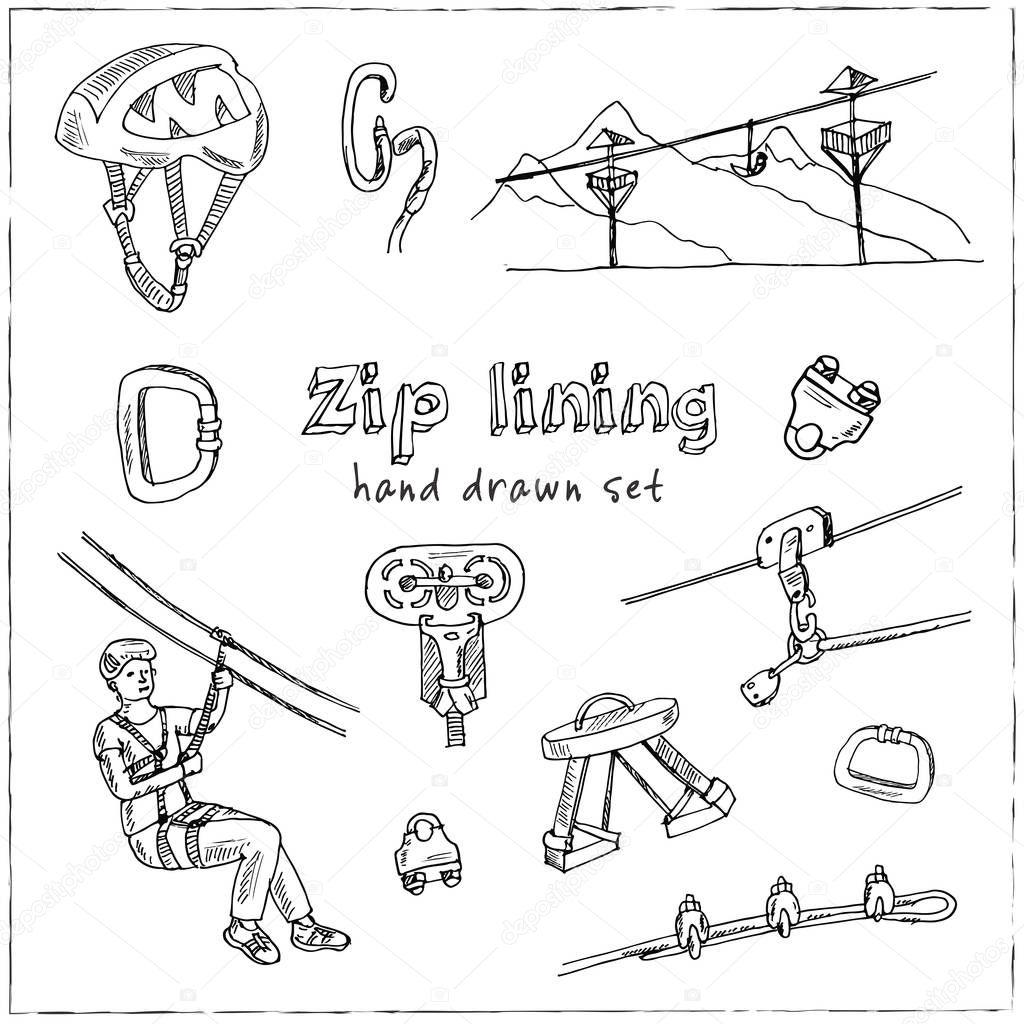 Zip line hand drawn doodle set. Vector illustration. Isolated elements. Symbol collection.