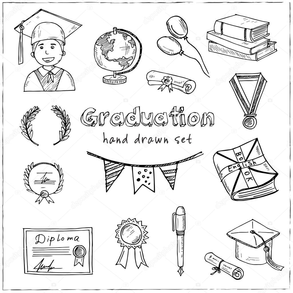 Graduation hand drawn doodle set. Vector illustration. Isolated elements on white background. Symbol collection.