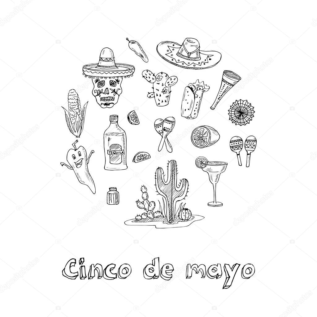 Cinco de Mayo Hand drawn doodle set. Vector illustration. Isolated elements on chalkboard background. Symbol collection.