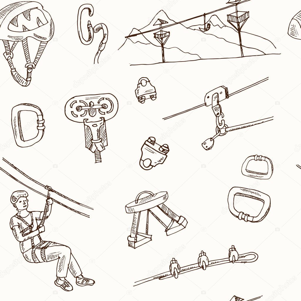 Zip line hand drawn doodle seamless pattern. Vector illustration. Isolated elements. Symbol collection.
