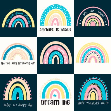 Bebek vektör illüstrasyonu El tipografi gökkuşağı poster seti çizdi. Kavramsal el yazısı, kreş el yazısı, kaligrafik tasarım. İlham verici vektör