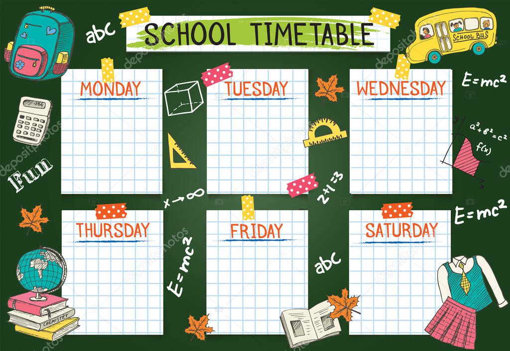 Template school timetable for students or pupils. Vector Illustration includes many hand drawn elements of school supplies and chalkboard background space theme.