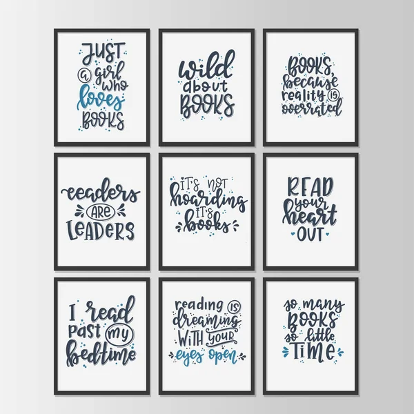 Conjunto de libros y letras de lectura Cartel tipográfico dibujado a mano. Conceptual frase manuscrita camiseta mano letras caligrafía diseño. Vector inspirador. — Vector de stock