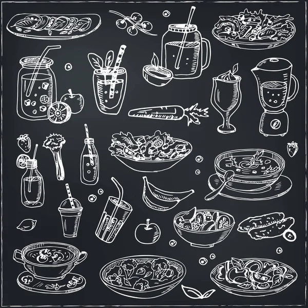 Fitness menu doodle iconen Vector illustratie op schoolbord — Stockvector