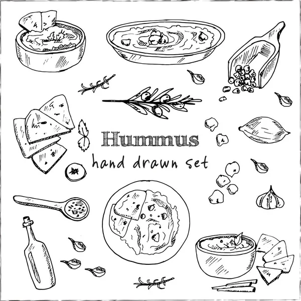 ชุดเวกเตอร์ Hummus พร้อมอาหารและเครื่องดื่ม รู๊ดเดิ้ลที่วาดด้วยมือ . — ภาพเวกเตอร์สต็อก