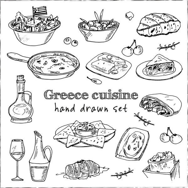 Grecia cocina Vector conjunto con comida y bebida garabatos dibujados a mano. — Archivo Imágenes Vectoriales