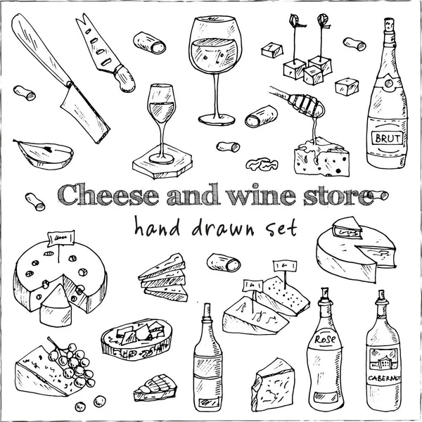 Käse und Wein Geschäft Vector Set mit Speisen und Getränken handgezeichnete Doodles. — Stockvektor