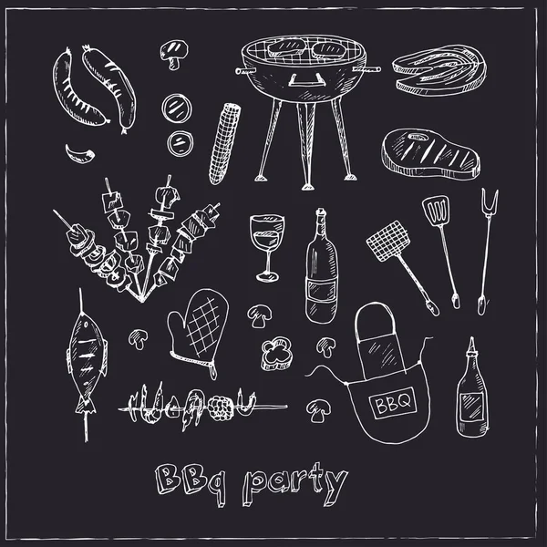 Bbq-Party-Set Menü-Doodle-Symbole Vektor-Illustration auf Tafel — Stockvektor