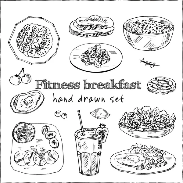 Fitness desayuno conjunto de vectores con comida y bebida garabatos dibujados a mano. — Vector de stock