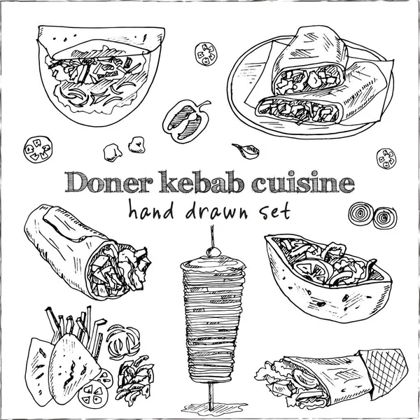 Donner kebeb cuisine Menu doodle iconen Vector illustratie op krijtbord — Stockvector