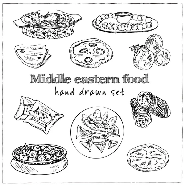 Icone scarabocchiare menu cibo mediorientale Illustrazione vettoriale sulla lavagna — Vettoriale Stock