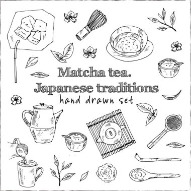 Matcha çayı Japon gelenekleri menü karalama simgeleri yazı tahtasına Vektör illüstrasyonu