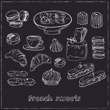 Fransız tatlıları, yiyecek ve içecek dolu taşıyıcı..