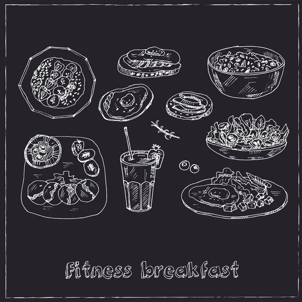 Fitness pequeno-almoço Vector conjunto com comida e bebida doodles desenhados à mão. — Vetor de Stock