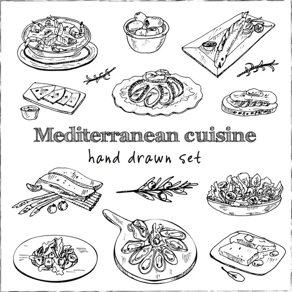 Cocina mediterránea Set de vectores con comida y bebida garabatos dibujados a mano. — Vector de stock