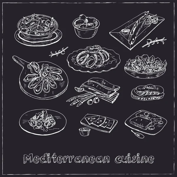 Cuisine méditerranéenne Ensemble vectoriel avec nourriture et boissons griffes dessinées à la main. — Image vectorielle