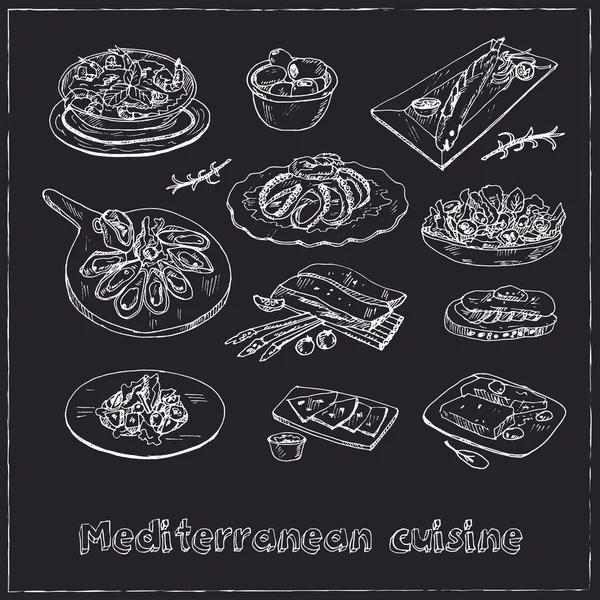 Cocina mediterránea Set de vectores con comida y bebida garabatos dibujados a mano. — Vector de stock