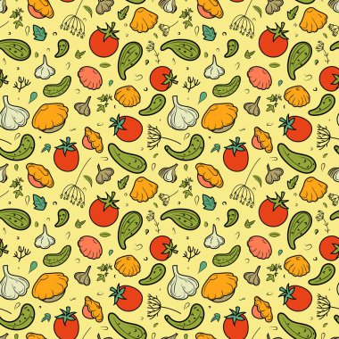 Sebzeler dikişsiz desen. El çizilmiş renkli doodle sebzeler.