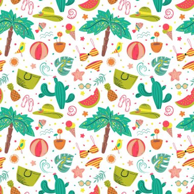 Sevimli yaz deseni. Güneş, plaj, dalgalar.