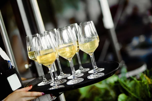 Several glasses of white wine on a tray at the waitress — Stock Photo, Image