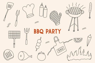 Barbekü el çizimi karalama seti, barbekü illüstrasyon koleksiyonu, sıra sanat tarzında barbekü tasarım elemanları, menü için fast food karalaması, baskılar, paketleme, pazarlama