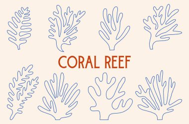 Mercan Resifi El Çizimi Doodle, Deniz yosunu su altı bitki simgeleri, Doğal Mercan Yazıtları, arka planda izole edilmiş vektör çizimi