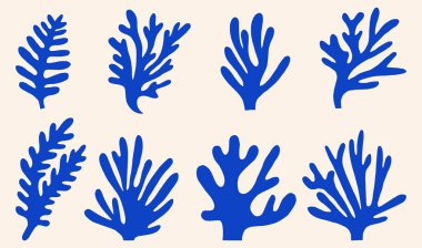 Mercan Resifi Siluet Seti, Deniz Yosunu Su altı Bitkisi Simgeleri, Doğal Mercanlar, Arkaplanda İzole Deniz Bitkileri Vektör Resimleri