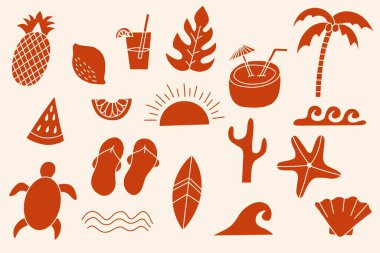 Hawaii Siluet Seti, Hawaii Sembolleri ve elementleri El Çizimi seti, Hawaii vektör çizimi arka planda izole edilmiş, Tropikal Yaz Koleksiyonu