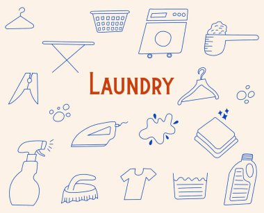 Çamaşır temalı Doodle Seti, El Çekimi Öğeler Vector İllüstrasyonu Arka planda izole, Çamaşır ve Ütü Giysileri Elementleri