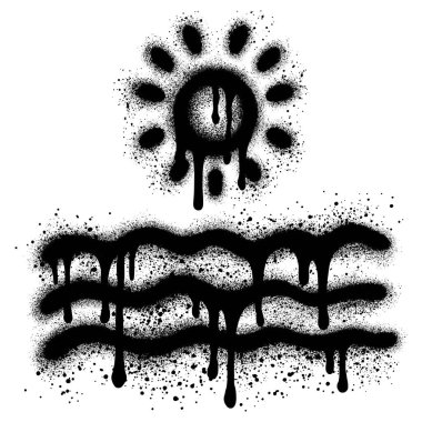 Plaj graffitisinde gün batımında siyah sprey boyayla. vektör illüstrasyonu.