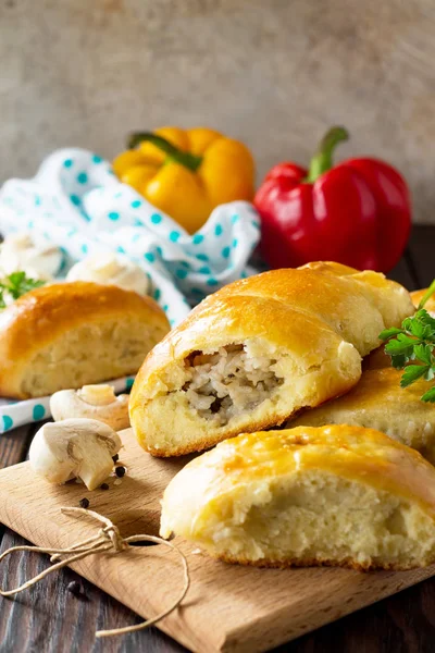 Pies Mushrooms Rice Kitchen Wooden Table Traditional Russian Cuisine Copy — Stock Photo, Image