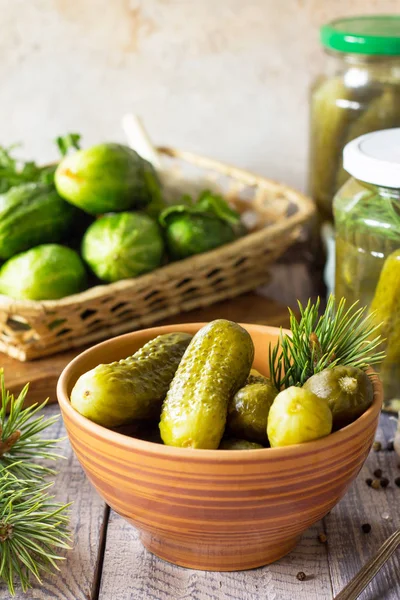 Gemarineerde Komkommer Augurken Augurken Met Spar Tak Houten Keukentafel Kopiëren — Stockfoto