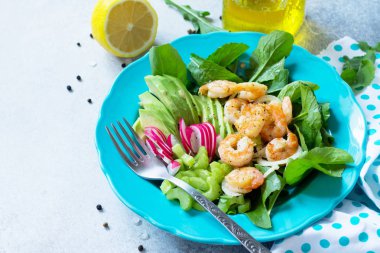 Izgara karides, rucola, turp, avokado, kereviz ve salata sosu ışık arduvaz arka plan üzerinde sağlıklı sebze salatası. Diyet menüsü. Kopya alanı.