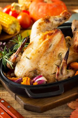 Noel veya Şükran ev yapımı kavrulmuş hindi kabak rustik arka plan üzerinde. Kopya alanı