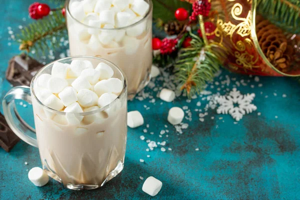 Forró Csokoládé Marshmallows Egy Kék Vagy Konkrét Asztalra Másolja Hely — Stock Fotó