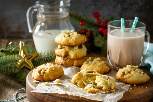 Sült Karácsonyi Süti Házi Chip Cookie Karamell Egy Fából Készült — Stock Fotó