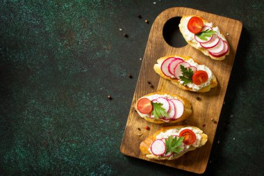 Antipasti aperatifler şarap için ayarlayın. Taş bir tabloda bir rustik ahşap tahta üzerinde brushetta veya Crostini tost baget, peynir, turp ve domates ile servis. Üstten görünüm. Kopya alanı.