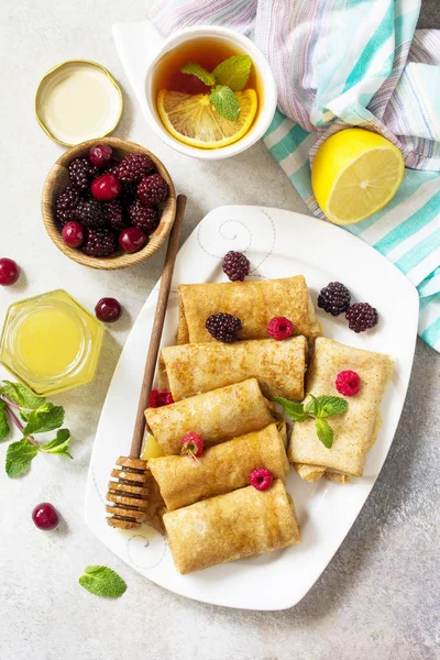 Healthy Pancakes Breakfast Stack Homemade Thin Pancakes Crepes Whole Grain — Stock Photo, Image