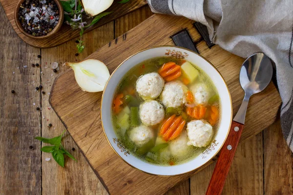 Concept Diet Menu Healthy Soup Vegetables Chicken Meatballs Bowl Wooden — Stock Photo, Image