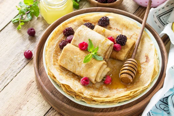 Healthy Pancakes Breakfast Stack Homemade Thin Pancakes Crepes Rustic Table — Stock Photo, Image