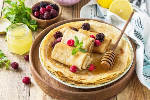 Healthy Pancakes Breakfast Stack Homemade Thin Pancakes Crepes Rustic Table — Stock Photo, Image