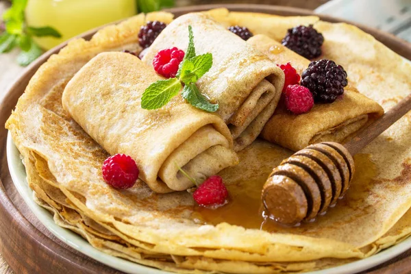 Healthy Pancakes Breakfast Close Stack Homemade Thin Pancakes Crepes Rustic — Stock Photo, Image