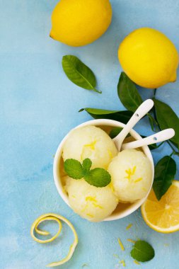 Ev yapımı taze meyve limon sorbe dondurma, beyaz bir kase. Sayfanın Üstü