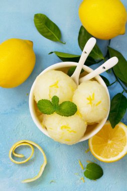 Ev yapımı taze meyve limon sorbe dondurma, beyaz bir kase. Sayfanın Üstü