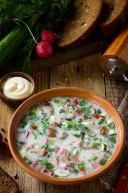 Lezzetli yaz yemeği. İlkbahar-yaz yoğurt soğuk çorba taze v